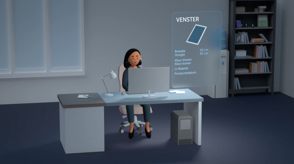 Illustratie uit de video: persoon achter bureau die gegevens uit het Digitaal Gebouw Pasppoort verwerkt